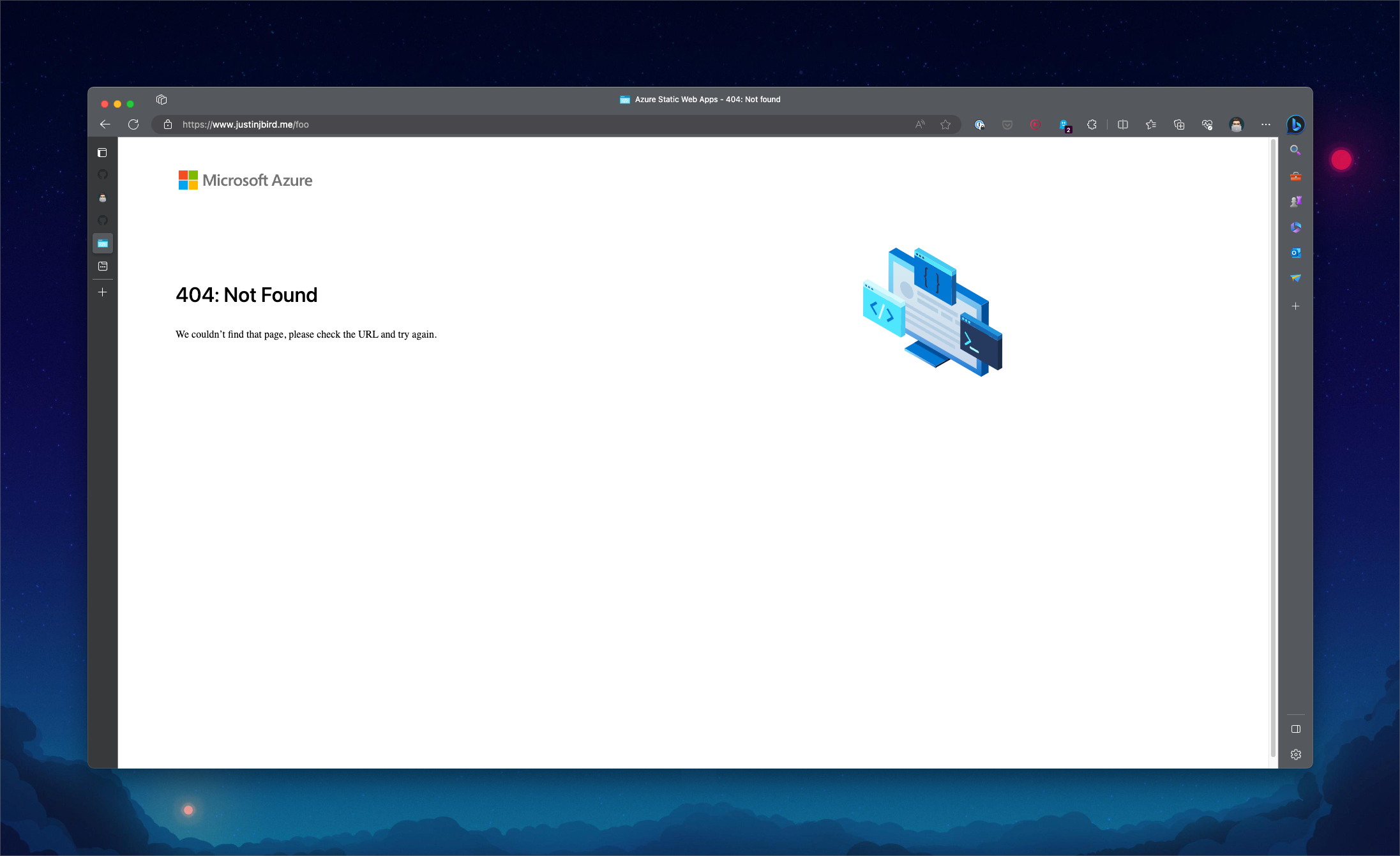 image shows the Azure Static Web App default 404, it says '404: Not Found We couldn't find that page, please check the URL and try again' and displays a Web App logo