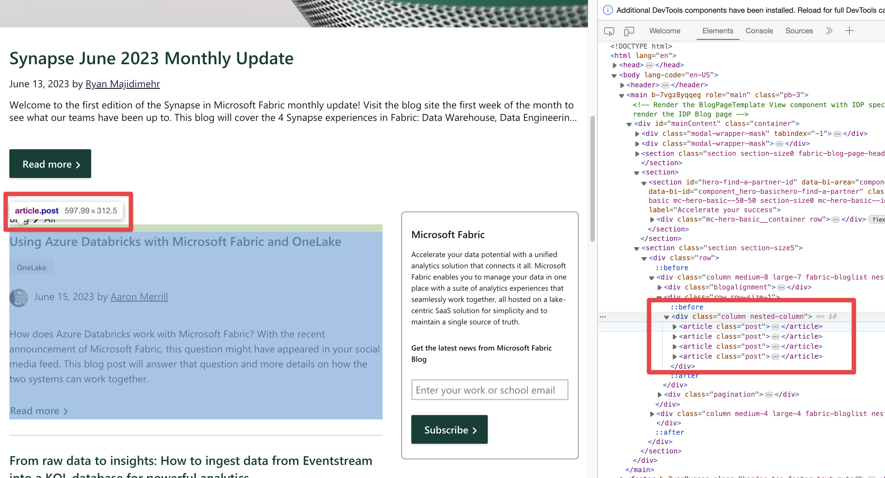 Image shows inspecting the blog page and the posts in article.post
