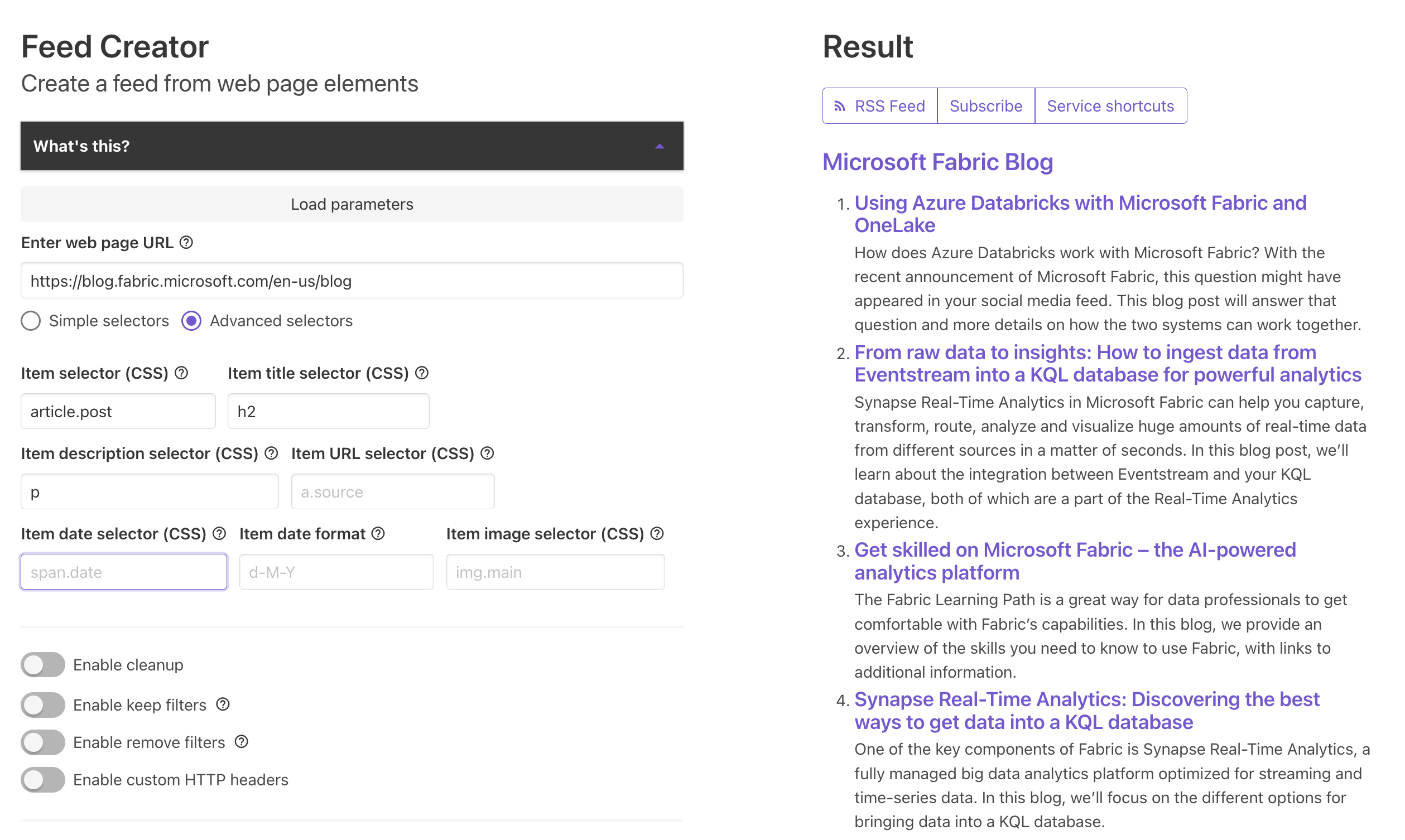 Image shows the completed configuration, the results returned are the respective headers and descriptions