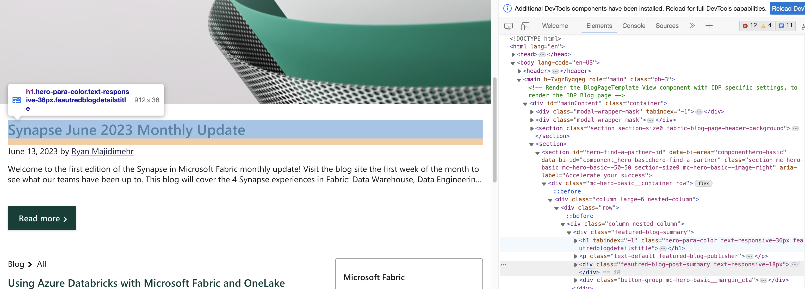 Image shows inspecting the header of the headline post