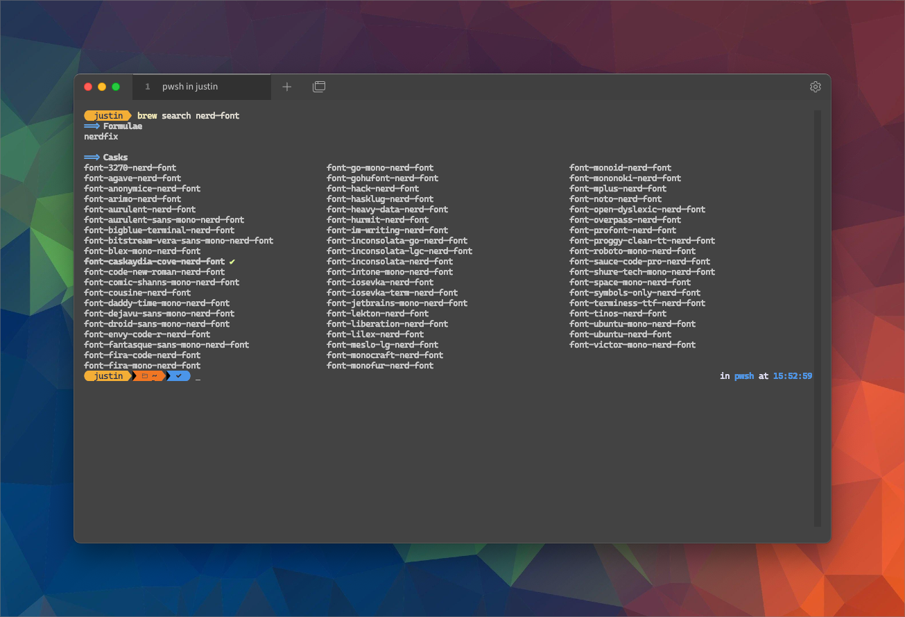 image shows a list of roughly sixty fonts returned by the command