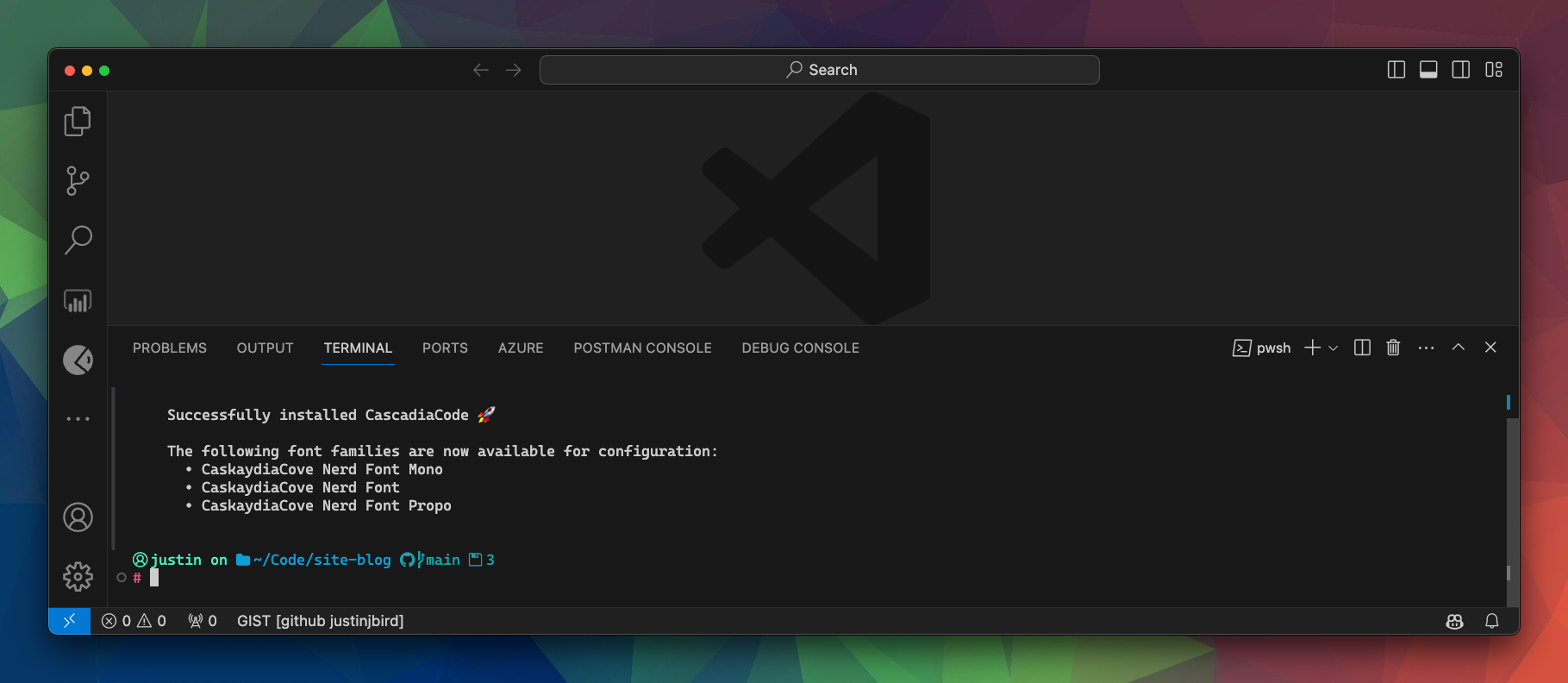 Visual studio code terminal is open, the output says Successfully installed CascadiaCode, the following font families are now available for configuration, CaskaydiaCove Nerd Font Mono, CaskaydiaCove Nerd Font, CaskaydiaCove Nerd Font Propo