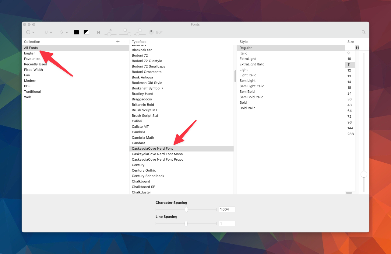 the image shows a font selection window with the All Fonts option selected and CaskaydiaCove Nerd Font highlighted.