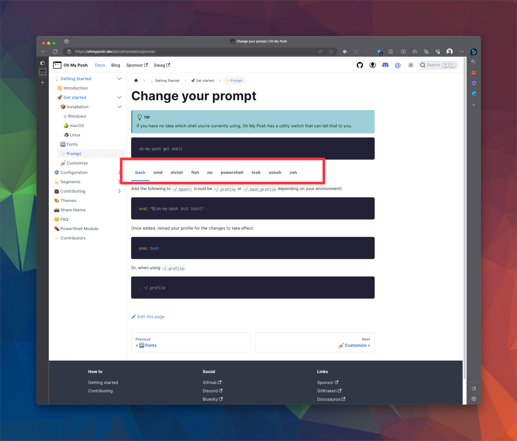 image shows the ohmyposh prompt page, there is a menu of different shells to select, underneath the menu is the description for how to configure the selected shell