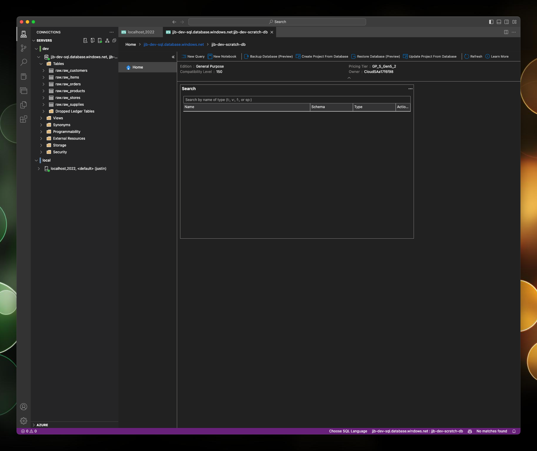 The image shows Azure Data Studio connected to my Azure SQLDB, the database is expanded showing multiple tables created by the dbt seed command