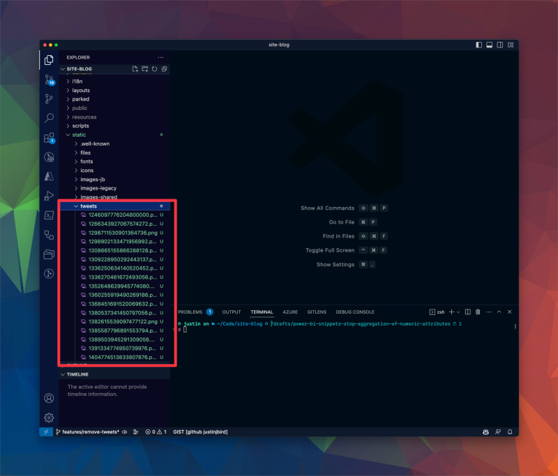 Shows the file structure of my site in Visual Studio Code, static/tweet directory is open and shows multiple images all named with their tweet ID