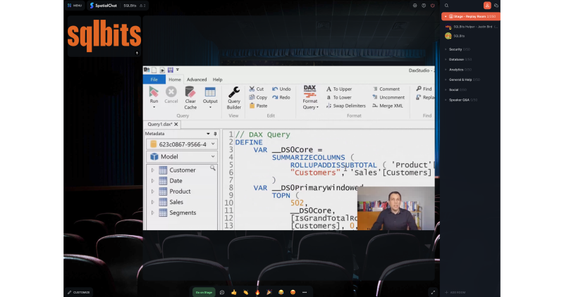screenshot of an online chat room displaying a recording of Marco Russo's recent talk on troubleshooting performance issues