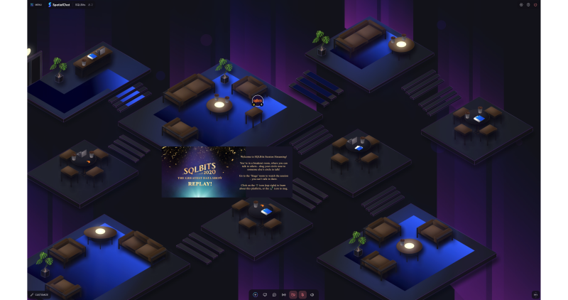 screenshot shows a room with an avatar of the user, the user can move around the room to interact with other people