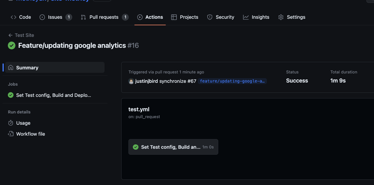 image shows the outcome of the next actions run, the status is success