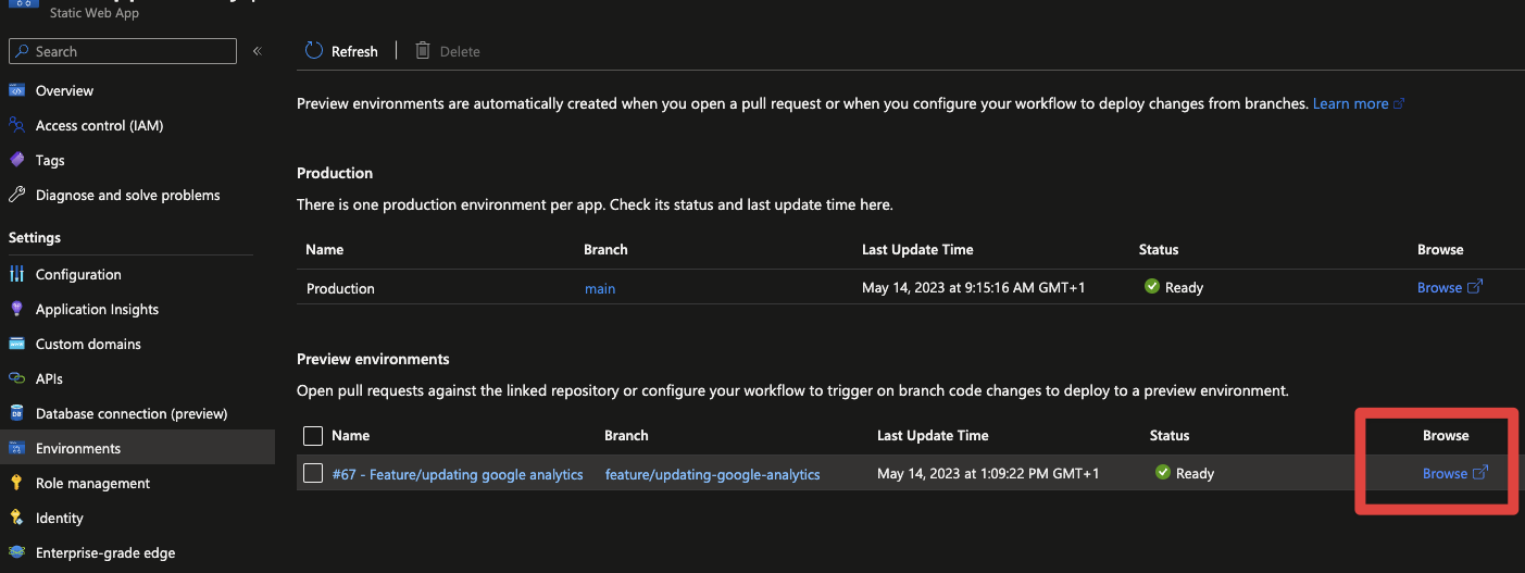 image shows environments section of the webapp, the historic slots have gone, one slot is now present which is labelled as #67 there is a browse link on the far right allowing my to open my changes to review them