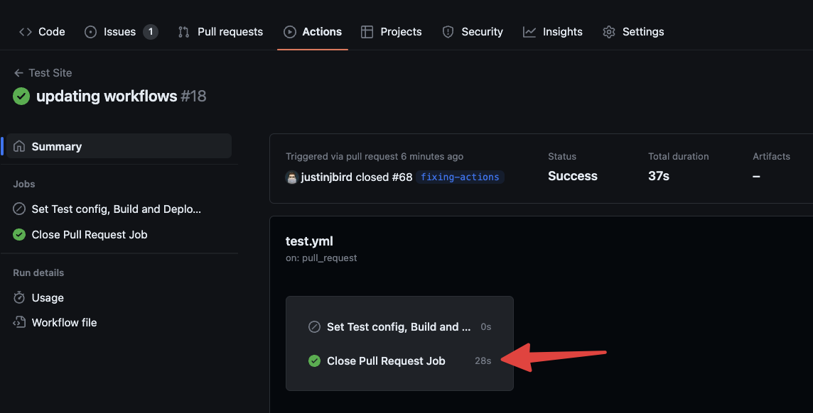 image shows the github actions summary, the publish step has been skipped and the close pull request job that was reinstated has been run