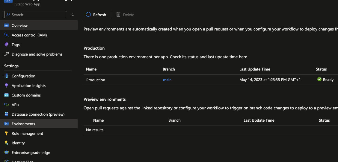 image shows the environments section again, there is one production slot and no preview slots