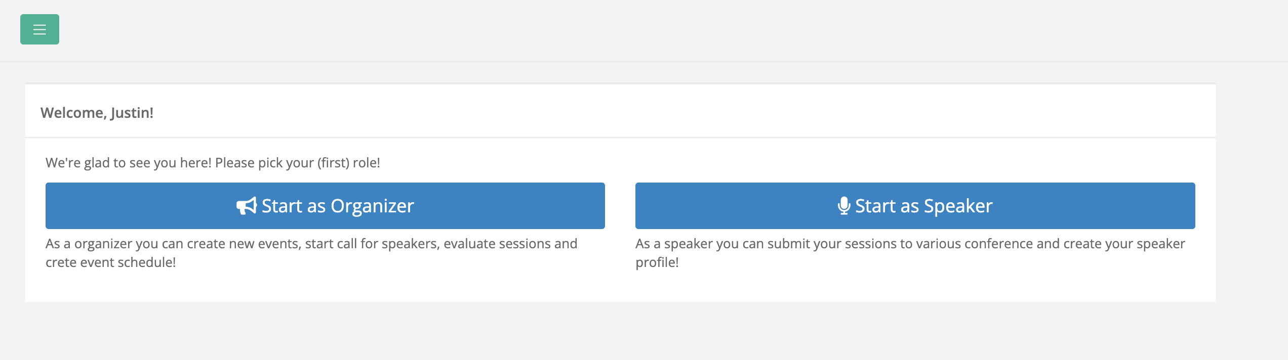 sessionize welcome screen asking if I want to start as an organiser or speaker