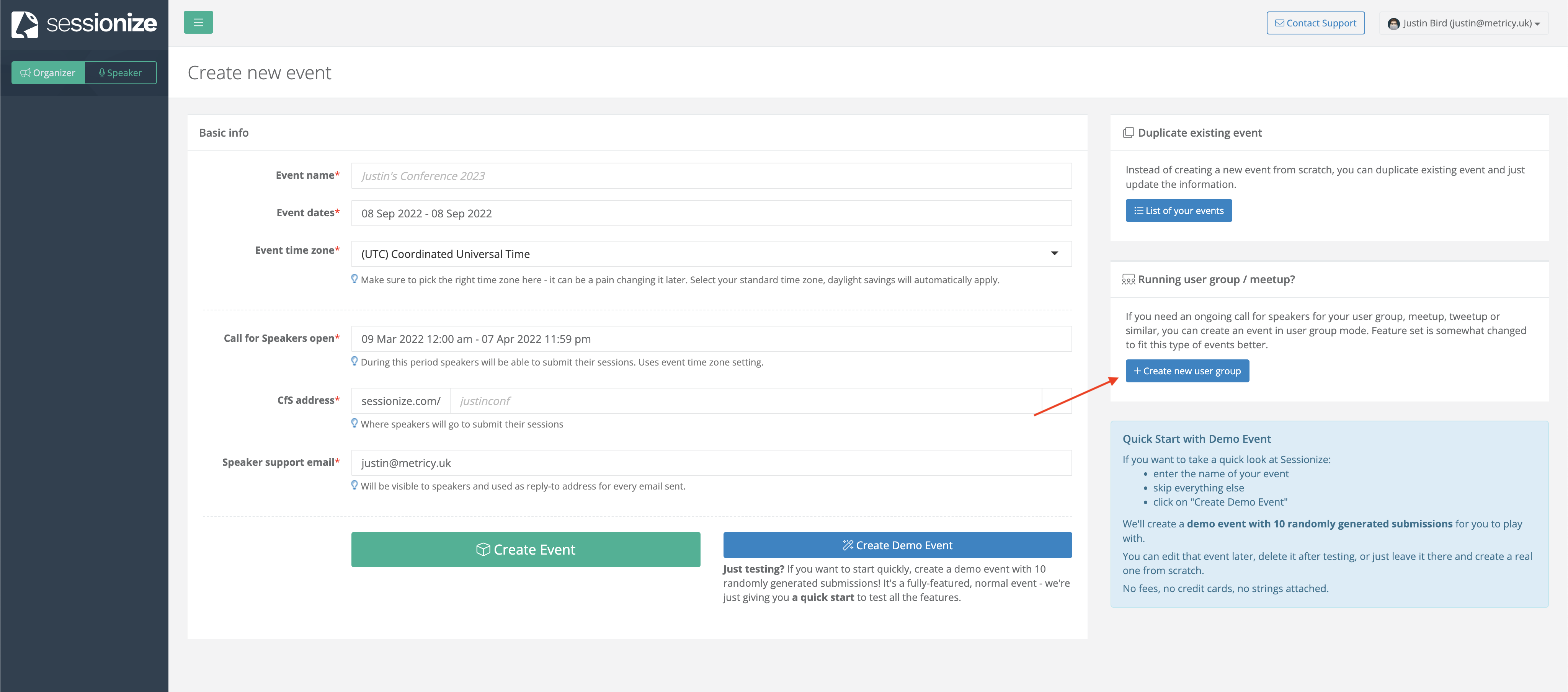 the create new event page has options to set the event name, date, time, call for speakers open date and more, on the right is an option to create a user group