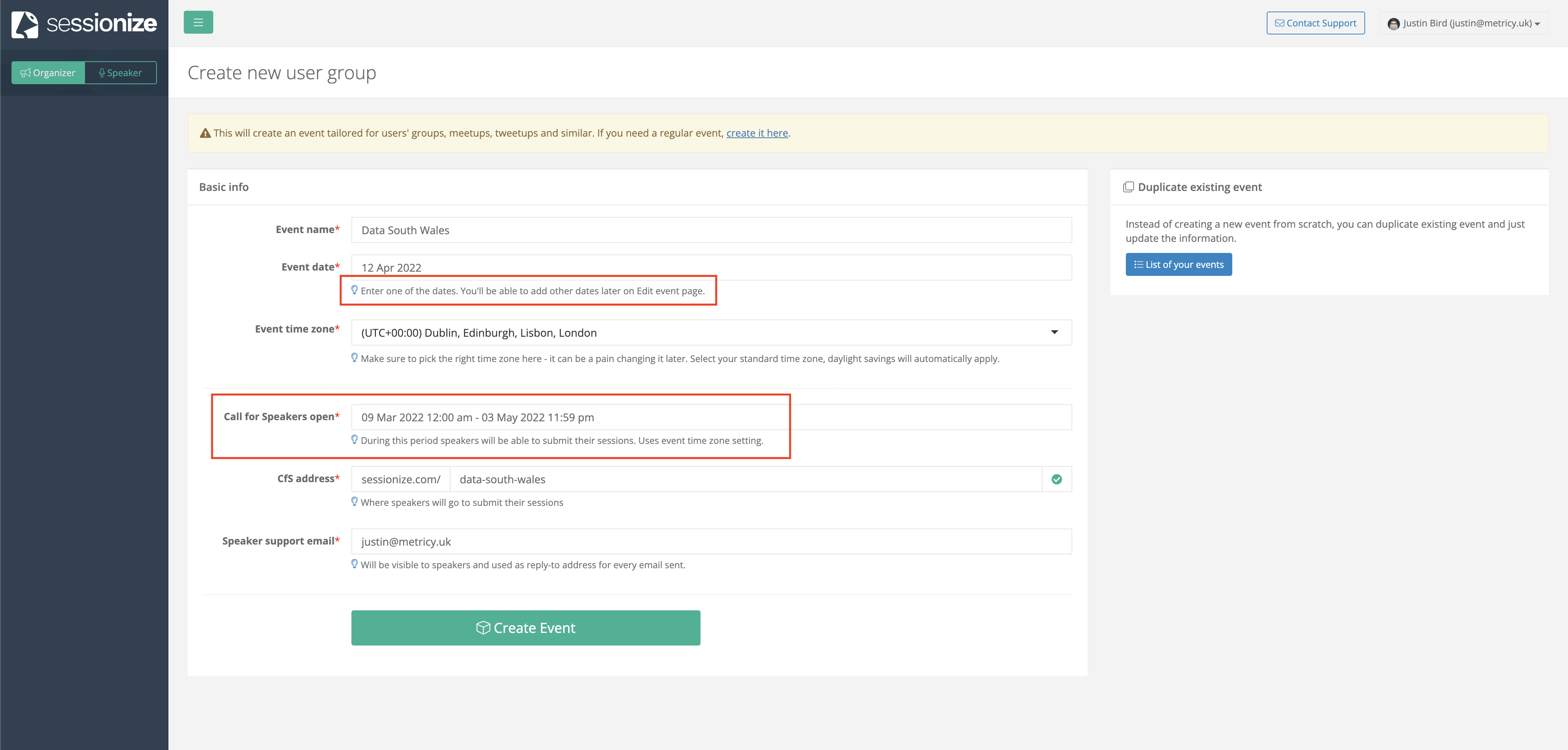 the create new user group page has similar options focused around when the first date would be