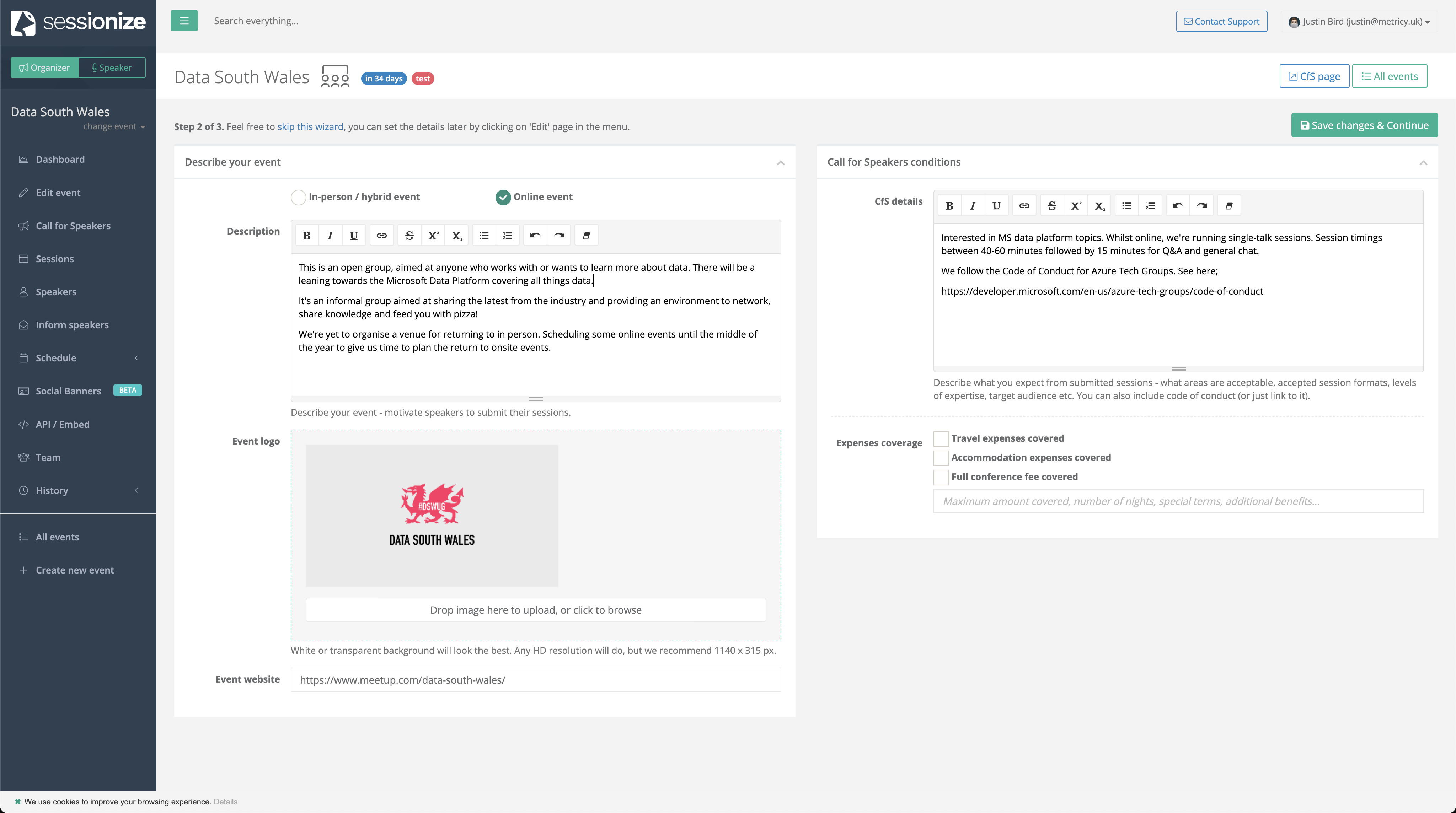 the screenshot shows the call for speakers configuration page, where you can set a description, a event logo, url and further details around the CFS