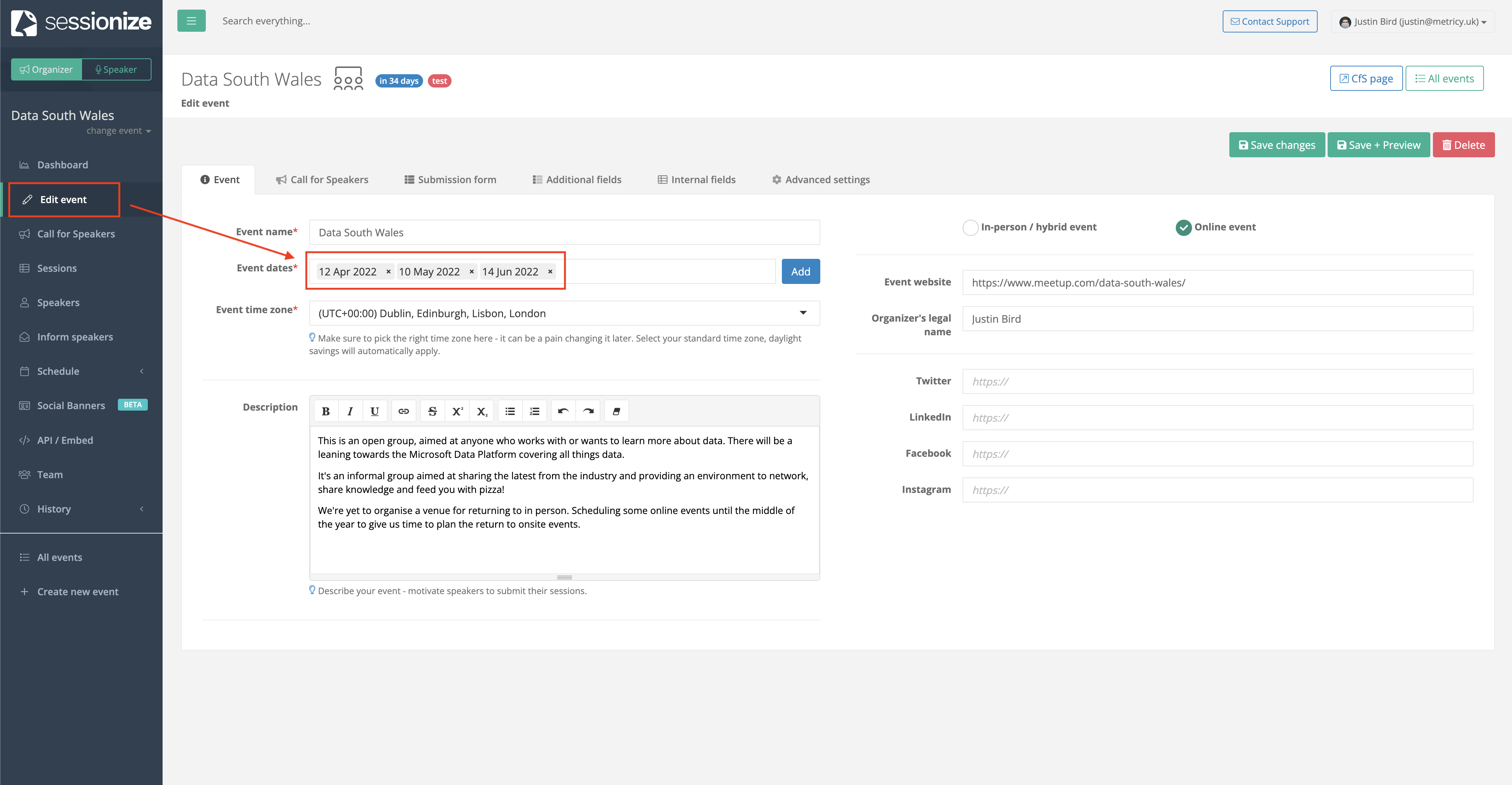 the event dates field has been updated to list dates in april, may and june