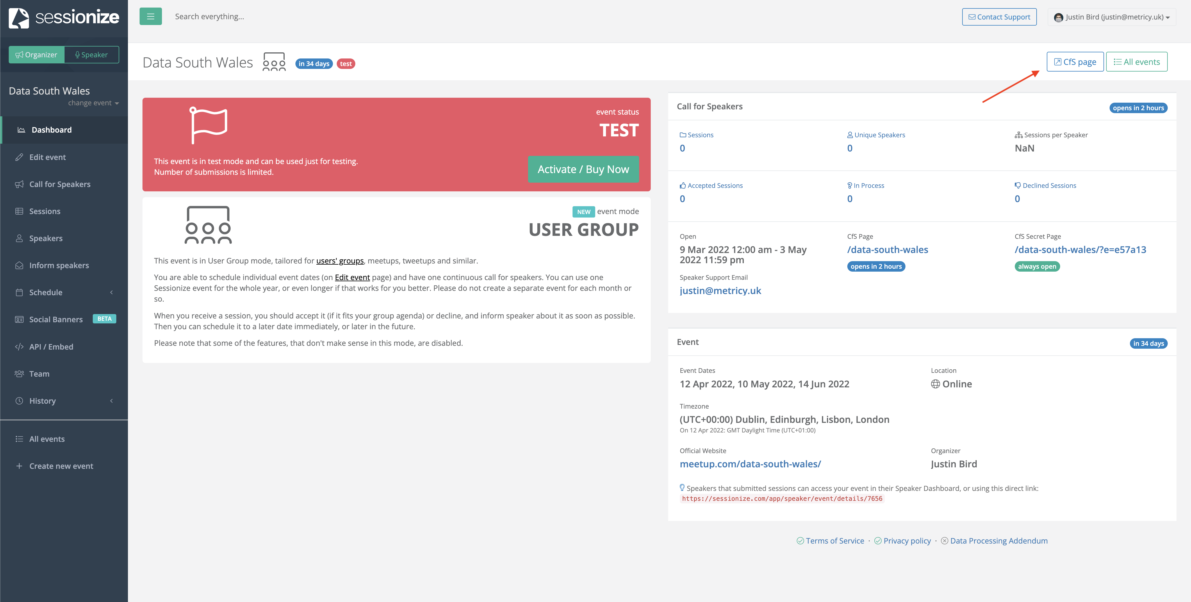 the screenshot shows the completed user group configuration and points to a link that allows you to preview the CFS page