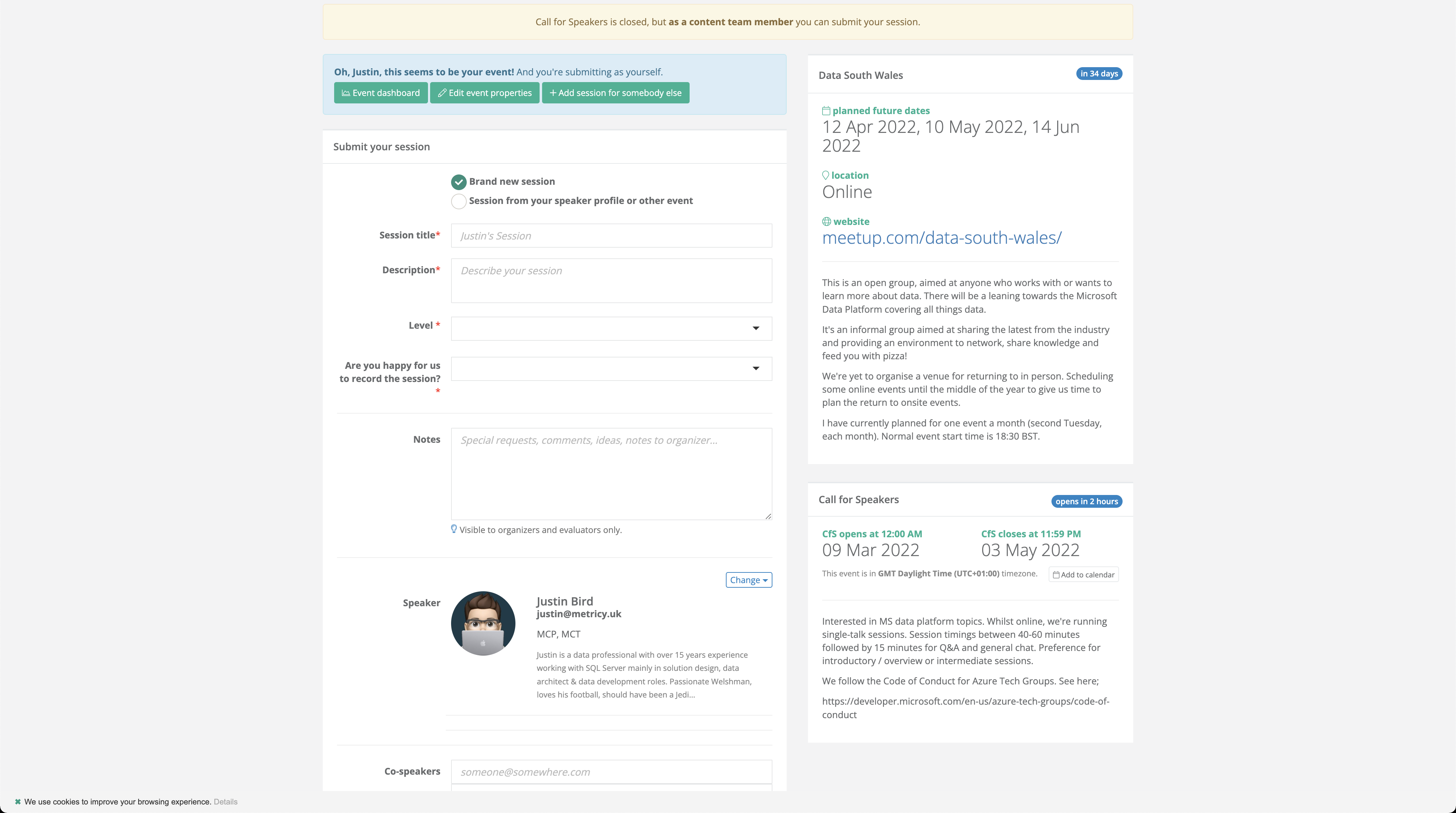 the CFS page is open, the event's schdeulde dates are listed to the right, confirms that it is online, shows the meetup url and a description of the group along with the fields required to submit a talk.