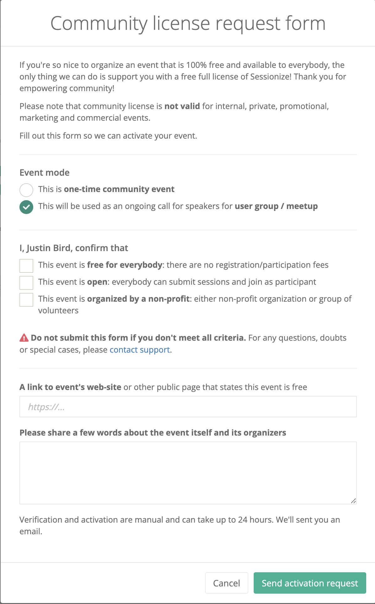 last image shows the details of the community license request form