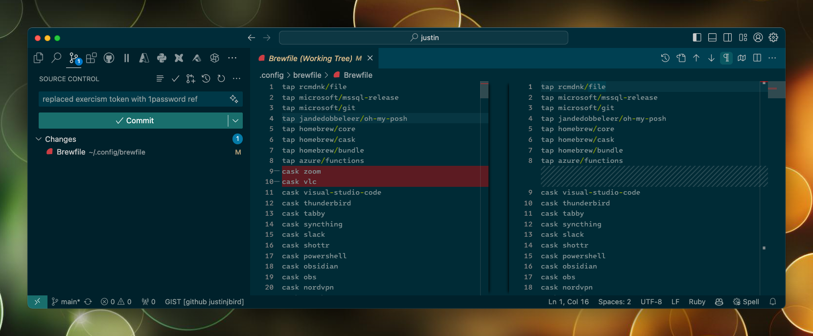 The screenshot shows a diff of a brewfile in vscode, on the left is the before pane and the right shows the changes that have been applied to it, two entries have been removed on the right hand side representing that the latest change has removed those two lines from the file, this basically means that the current machine does not have those casks installed.