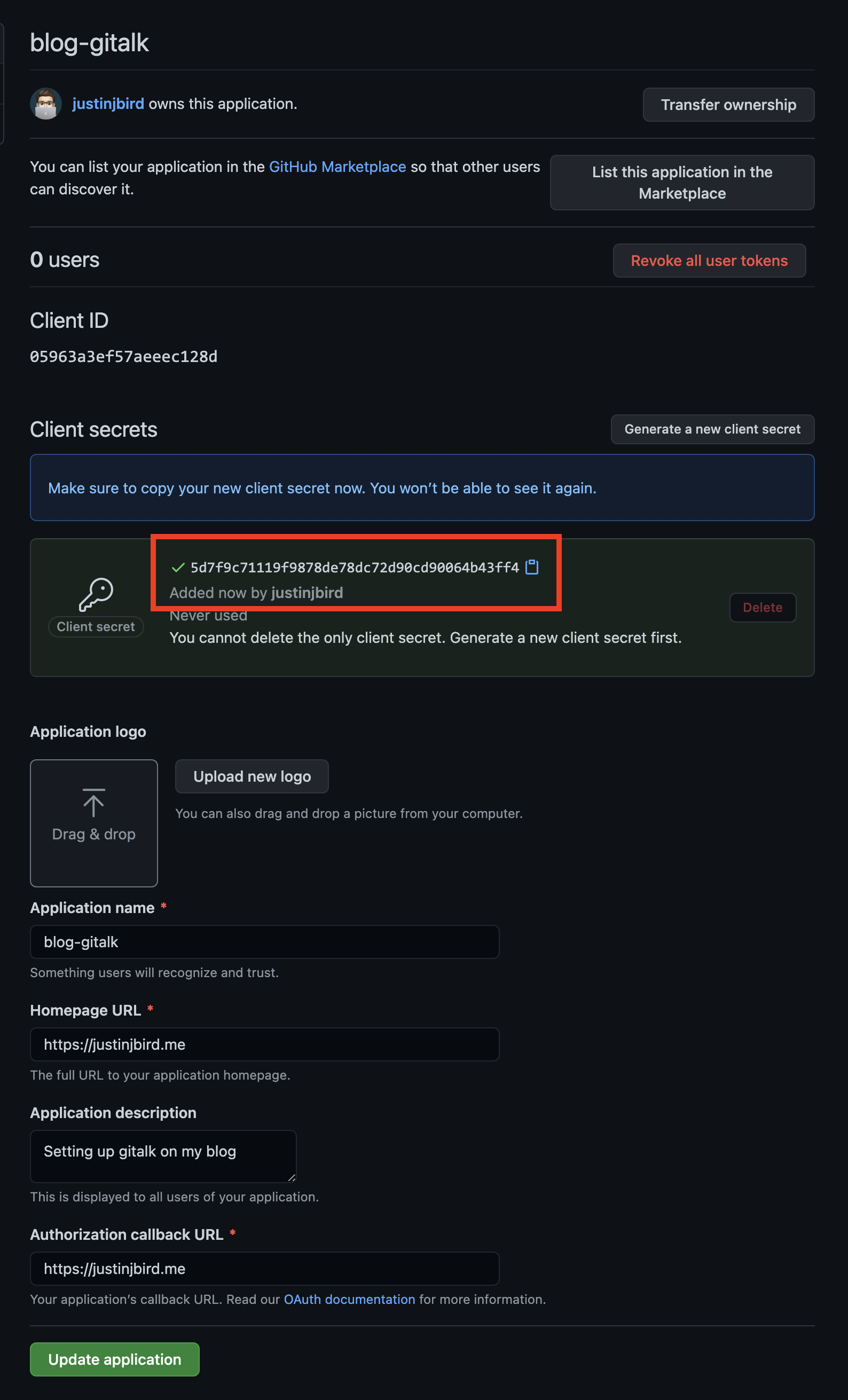 image shows that a secret has been created, you should make a note of this in order to configure Hugo